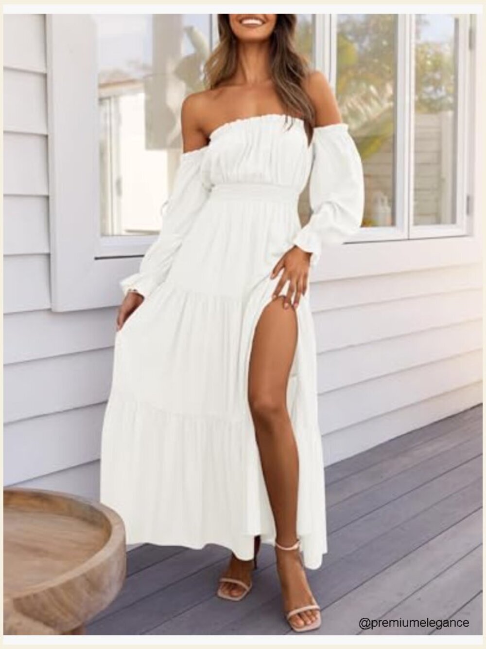 Off Shoulder Flowy Maxi Dress Side Slit Elastic Waist Long Sleeve - Picture 2 of 7